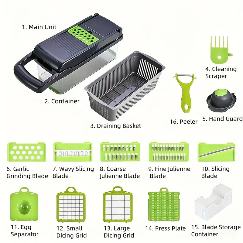 16-in-1 Heavy-Duty Vegetable Chopper Set – Multi-Functional Food Processor with Safety Lock, Storage Container & Multiple Blades | Manual Grater, Slicer & Dicer for Fruits & Vegetables
