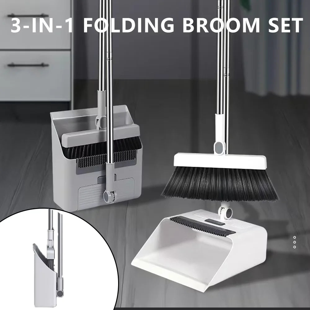 3-in-1 Broom Combo Set – Foldable Floor Brush, Dustpan & Squeegee | Multifunctional Non-Stick Hair Broom for Home Cleaning | Live Easy Cleaning Tools