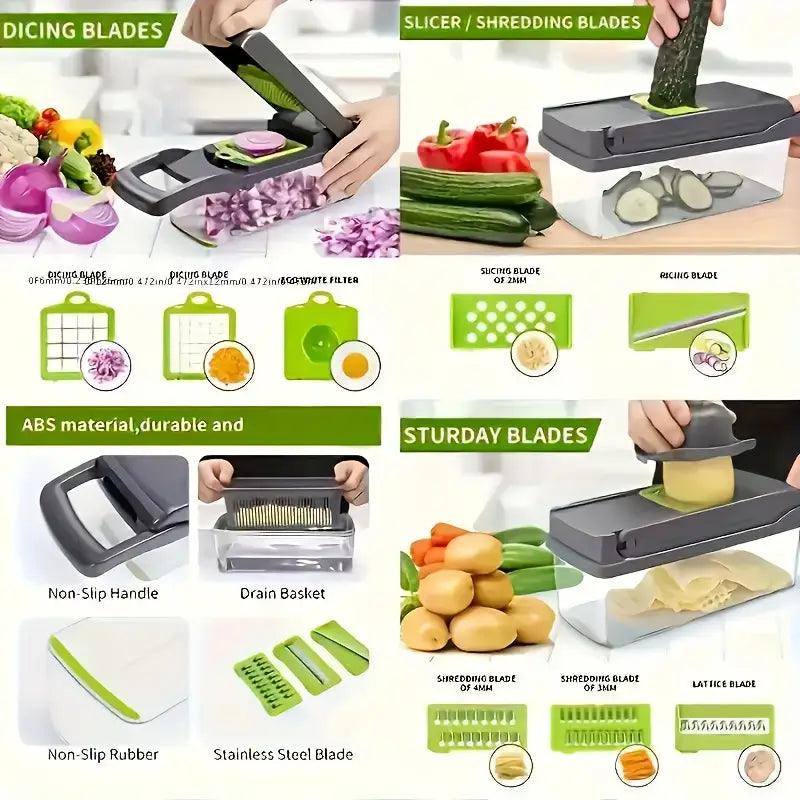16-in-1 Heavy-Duty Vegetable Chopper Set – Multi-Functional Food Processor with Safety Lock, Storage Container & Multiple Blades | Manual Grater, Slicer & Dicer for Fruits & Vegetables