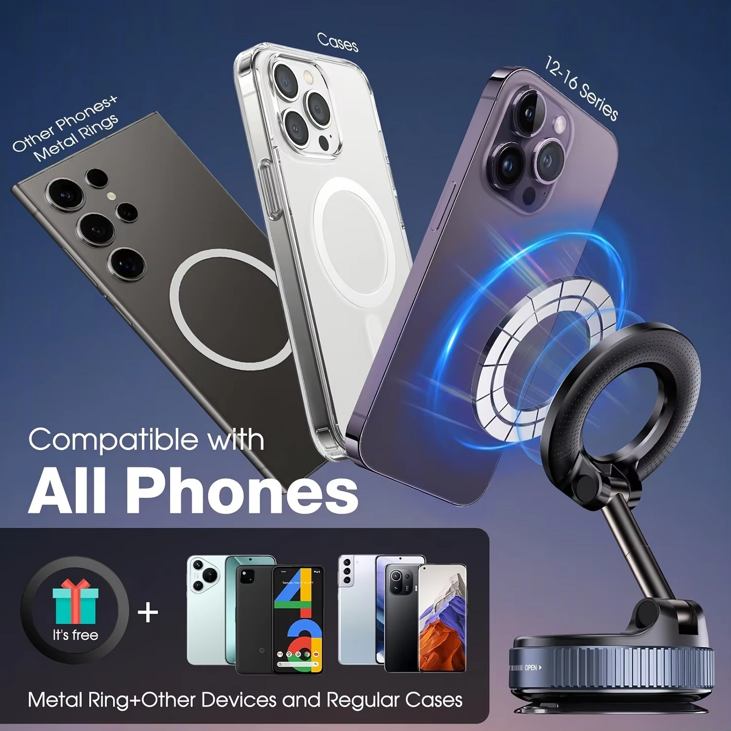 Magnetic Phone Holder Upgraded ABS 360° Rotatable And Foldable Design with a Vacuum Suction Cup N52