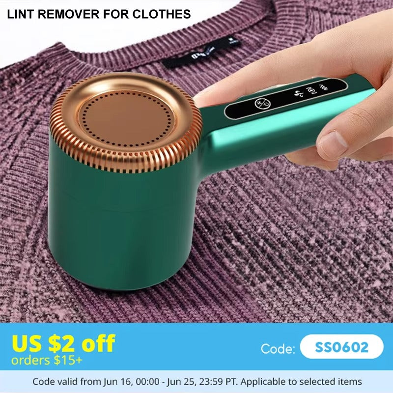 Lint remover for clothes held over a purple garment with promotional text at the bottom.