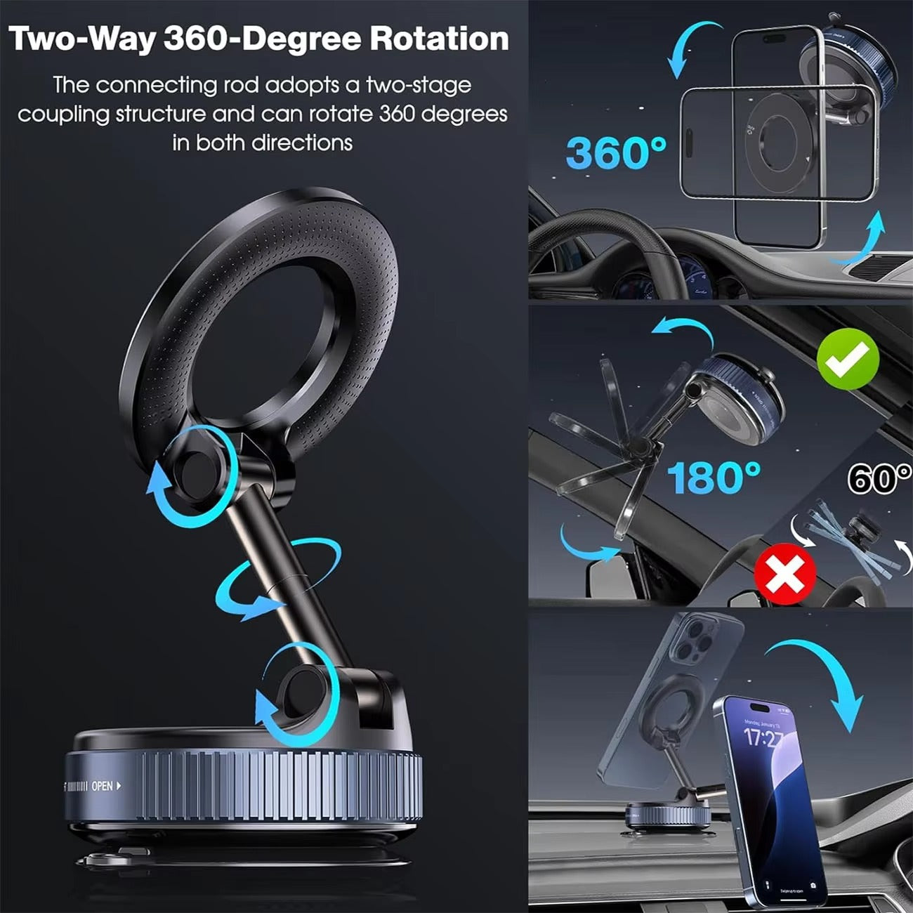Magnetic Phone Holder Upgraded ABS 360° Rotatable And Foldable Design with a Vacuum Suction Cup N52