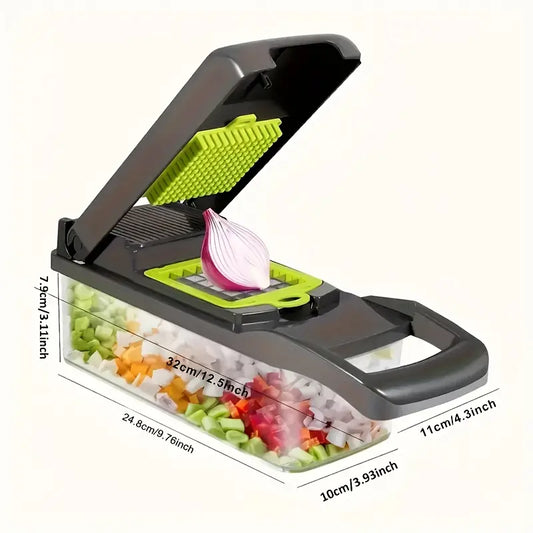 Vegetable chopper with measurements on a white background