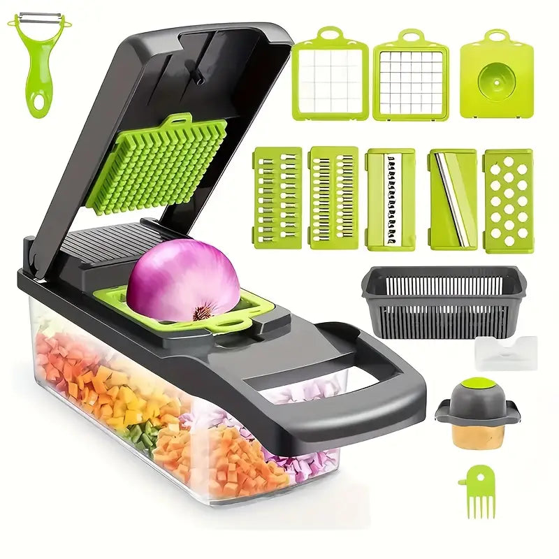 16-in-1 Heavy-Duty Vegetable Chopper Set – Multi-Functional Food Processor with Safety Lock, Storage Container & Multiple Blades | Manual Grater, Slicer & Dicer for Fruits & Vegetables