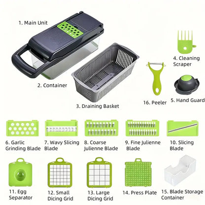 16-in-1 Heavy-Duty Vegetable Chopper Set – Multi-Functional Food Processor with Safety Lock, Storage Container & Multiple Blades | Manual Grater, Slicer & Dicer for Fruits & Vegetables