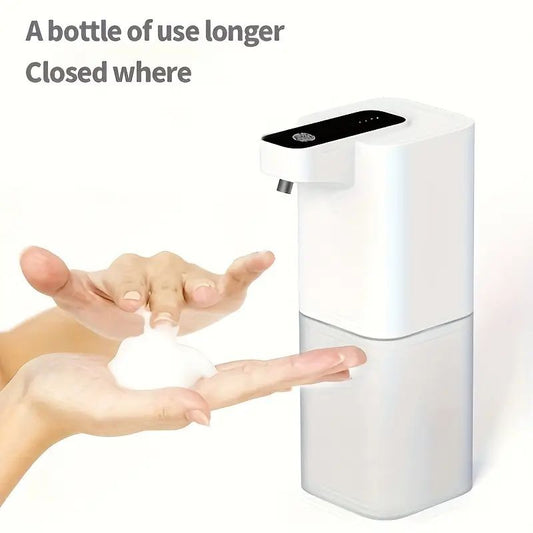 Hand soap dispenser with hands using it on a white background