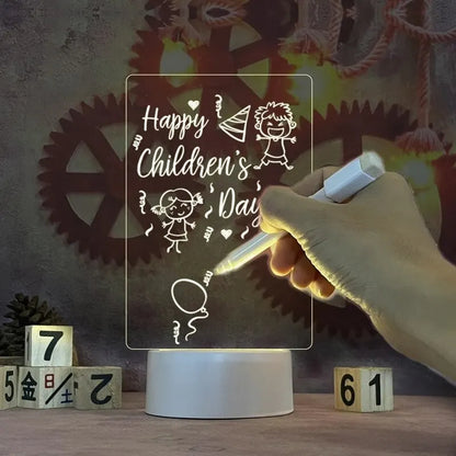 Children's Day-themed light-up board with a hand holding a pen, set against a decorative background.